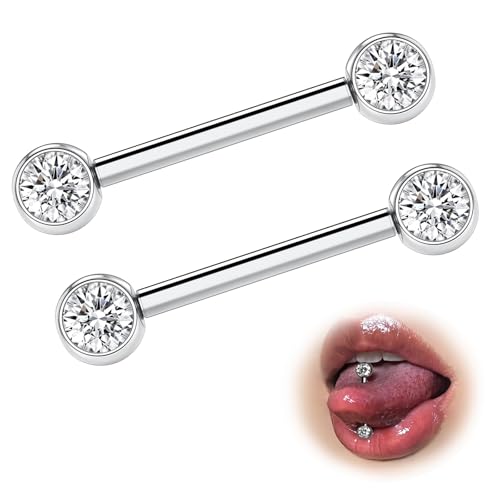 ESHIONER G23 Titan Zungenpiercing Nippelpiercing Brustwarzenpiercing Piercing Zunge 14G 16mm 5mm CZ Gerade Barbell Piercing 2Stück