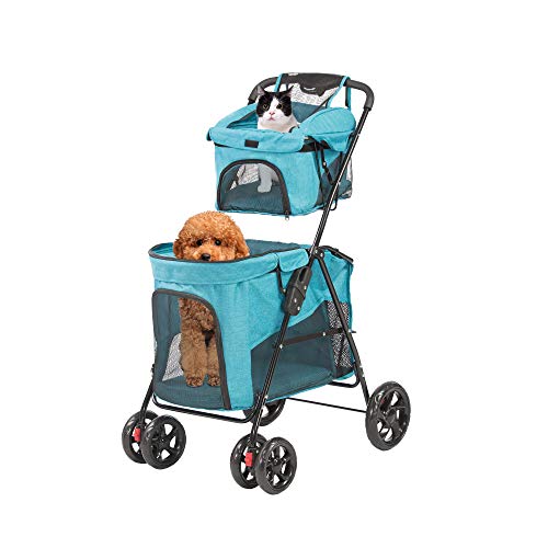 LUCKYERMORE Double Dog Cat Stroller Pet Jogger Strollers Folding Travel Carrier Cart for 2 Small Medium Kitten Puppy, Easy to Fold, Blue