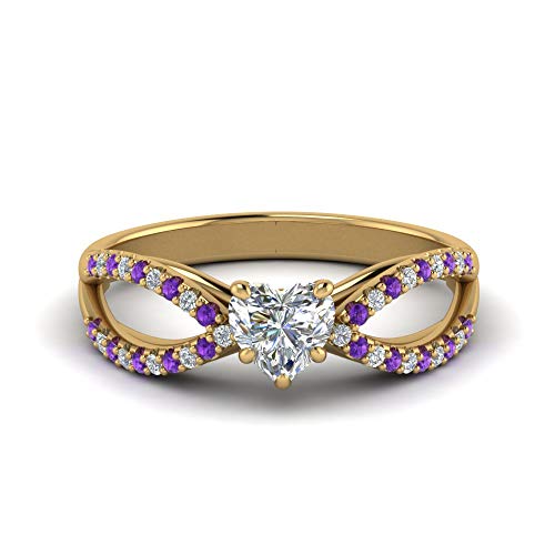 Image of 55Carat Choose Your Gemstone Reverse Pave Split Shank Diamond CZ Ring Yellow Gold Plated Heart Shape Split Shank Engagement Ring Minimal Modern Design Birthday Gift Wedding Gift US Size 4 to 12