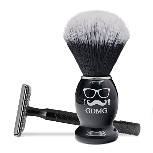 Gdmg Shaving Brush Set, Wooden Beard Shaving Brush (Synthetic Hair) And Black Safety Razor, Professionally Designed For Men's Shaving #TOP2