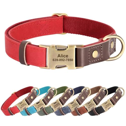 Image of Personalized PU Leather Dog Collars, Quick Release Buckle, Red,L