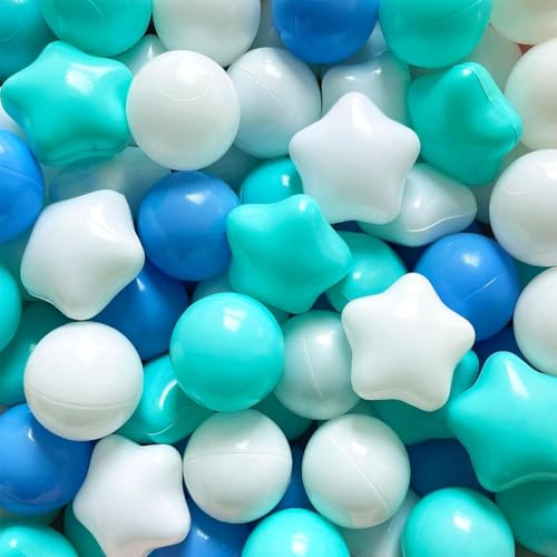 Beauenty Ball Pit Balls for Toddlers BPA Free Crush Proof Plastic Toy Balls for Ball Pit Childrens Pool Water Toys Macaron Round Star Shape Ocean Balls for Play Tent 2.15 Inch Pack of 100Blue