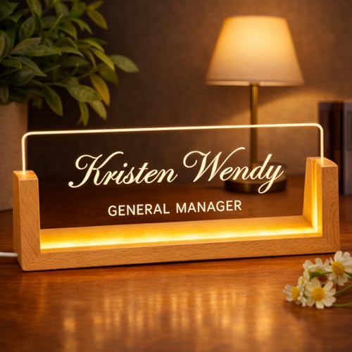 Personalized Desk Name Plate with LED Wood Base, Custom Light Up Acrylic Name Plate for Desk, Office Name Sign for Boss Coworker Teacher, Employee Appreciation Desk Decor