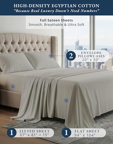 Image of LANE LINEN Full Size Sheets Cotton 100% Egyptian Cotton Sateen - Silver | Deep Pocket Full Size Sheets Set - 4-Piece Set, For A Luxurious Night's Sleep, For A Silky Hotel-Style Bed, Elegant