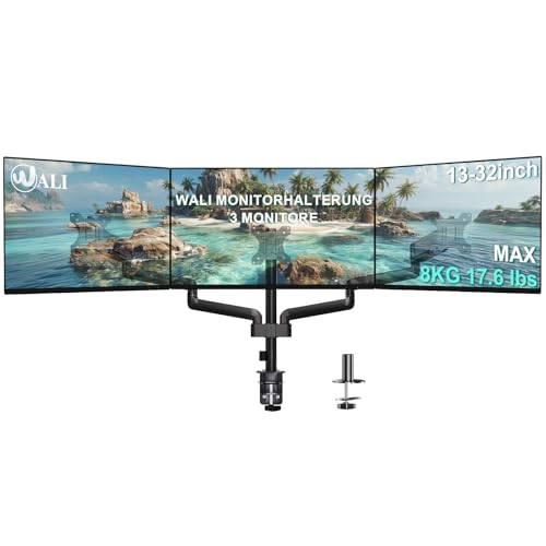 WALI Monitorhalterung 3 Monitore,Triple Tischhalterung für Bildschirme bis 32 Zoll,Bildschirmhalterung 3 Monitore VESA 75x75/100x100mm (GSDM003),Schwarz