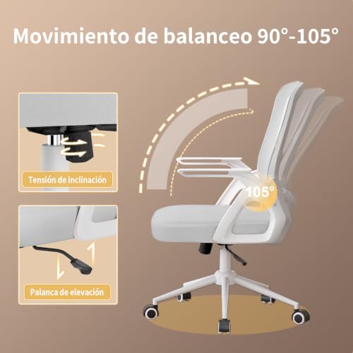 Miniatura 5 de Naspaluro Silla De Oficina Con Reposabrazos Plegables, Silla Escritorio Ergonómica, Giratoria Ordenador De Malla, Soporte Lumbar, Regulable En Altura, Adecuada Para La Oficina En Casa, Estudio, Gris
