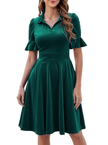 Image of Mokayee Womens Summer Ruffle Sleeve Collared V Neck Fit and Flare Elegant A line Swing Dresses with Pockets