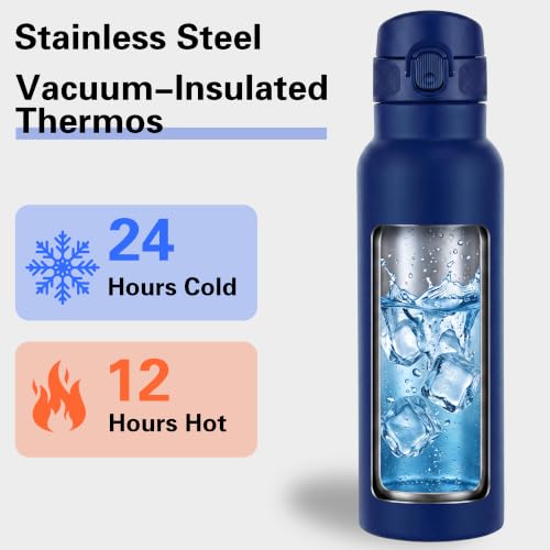 Image of GOPPUS 25 oz Insulated Water Bottle with Direct-Drink Lid,Keep Cold 24H,Leak-Proof Stainless Steel Bottle Ideal for the Gym,Travel,and Outdoor Use,Suitable for Teens and Adults(Ink blue)