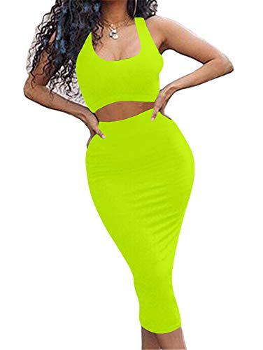 GOBLES Women s Sexy Summer Outfits Bodycon Tank Top Midi Skirt 2 Piece Dress Fluo Green