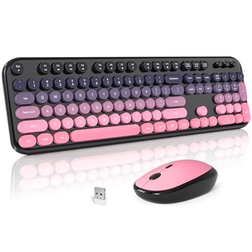 MOFII Wireless Keyboard and Mouse Combo, Cute Keyboard Full Size and Wireless Mouse, 2.4GHz Retro Typewriter Keyboard Mouse Set for PC/Desktop/Laptop/Windows (Berry Pink)