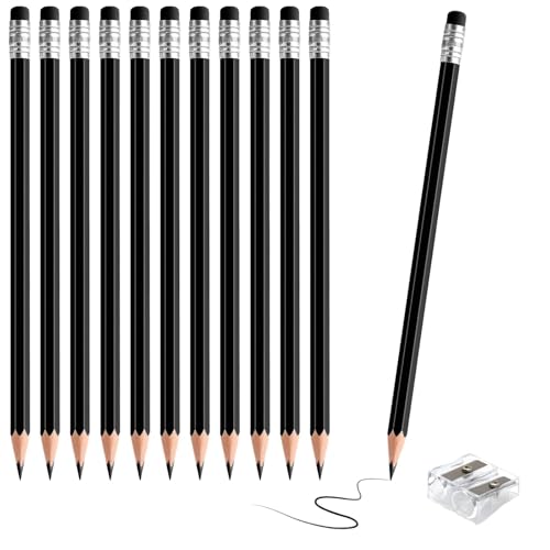 sqzrmdcg 12 PCS Black Pencils with Eraser, Pre-Sharpened HB Pencils for Writing & Drawing, School Supplies for Kids Homework, Tests, Art Crafts & Teacher Grading (Black)