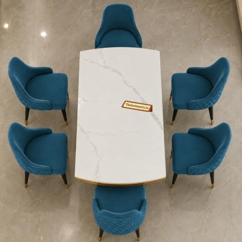 Image of 6-Seater Modern Elite Opal Storage Wooden Dining Table Set | 2 Year Warranty | Created Italian Statuario Marble Top | Elegant Composite Marble Table with 6 Chairs (Sea Blue)