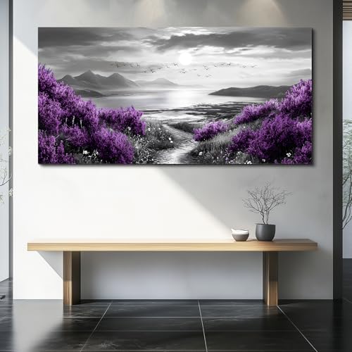 Canvas Wall Decor for Bedroom Large Wall Art for Living Room Modern Office Wall Decoration Purple Flowers Landscape Paintings Black and White Scenery Pictures Artwork Aesthetic Home Decor