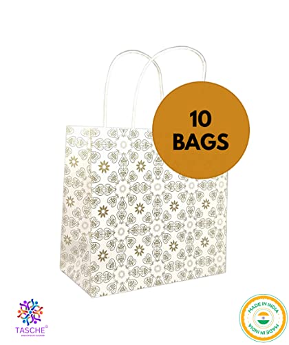 Image of TASCHE Golden Love Symboles Design Paper Bag For Return Gift, Small Presents, Weddings, Birthday, Holiday Presents (Size 8 X 8 X 4 Inch | Pack Of 10)