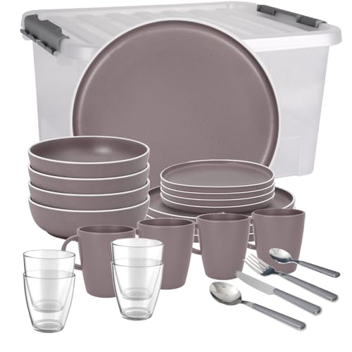 BRUNNER: Melamin Geschirr-Set Camping | 36-Teilig - Teller, Becher, Besteck & Gläser für 2-4 Personen | DOLOMIT All Inclusive - Stapelbar, Kratzfest