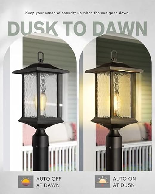 Beionxii Dusk to Dawn Outdoor Post Lights, 21inch Large Exterior Lamp Post Light Pier Mount Lantern with Base, Black Cast Aluminum w/Water Glass - A272P-2PK (NOT Solar, 110-120V AC)