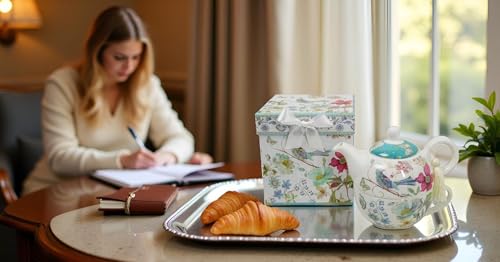 Lightahead Bone China Tea for One Set in Blue Bird Design, in attractive Reusable Handmade Gift Box (With Ribbon), Blue