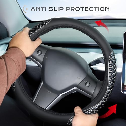 Image of Coverado Car Steering Wheel Cover, Nappa Leather Black & Grayline Steering Wheel Covers, Universal 14-15 inch, Anti-Slip, Breathable Steering Wheel Protector for Women Men