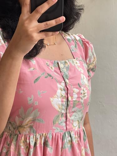 Image of Avayayat Women's /Girls Cotton Kurta for Women Floral Printed Anarkali Kurta || Floral Flared Western Dress Pink (in, Alpha, L, Pink)