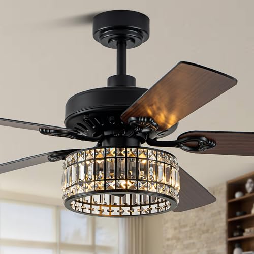 Image of 60'' Farmhouse Chandelier Black Crystal Fandelier Ceiling Fan