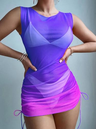 Image of ZAFUL Women Swimsuit Cover Up Dress Ombre Side Ties Sleeveless Sheer Mesh Bathing Suit Coverups Beach Dress