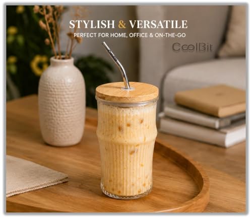 Image of COOLBIT 350ml Glass Tumbler with Bamboo Lid & 4 PCS Stainless Steel Straw+Cleanig Brush, Reusable Ribbed Drinking Glass Cup for Coffee, Juice, Smoothies & Water.