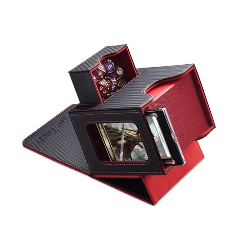 Mage Tech Card Deck Box for MTG Commander - Patented Design, Commander Display, Fits 100 Double-Sleeved Cards, 35pt Card Brick & Dice Tray - Black/Red