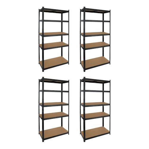 Pack 4 Estanterías Metálicas Negra 90x40x180 cm, Estructura de Hierro Anticorrosión y Baldas de MDF, Gran Capacidad de Carga, Sistema de Fijación Incluido, para Garaje, Trastero, Taller y Oficina
