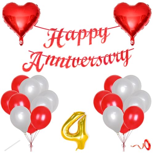 Image of Flyloons 4th Happy Anniversary Decoration Items Red White for Men Women Husband Wife Mom Dad Parent Couple Home Bedroom Car With 20 Pcs Metallic Balloons Anniversary Banner 2 Pcs Heart Set Kit