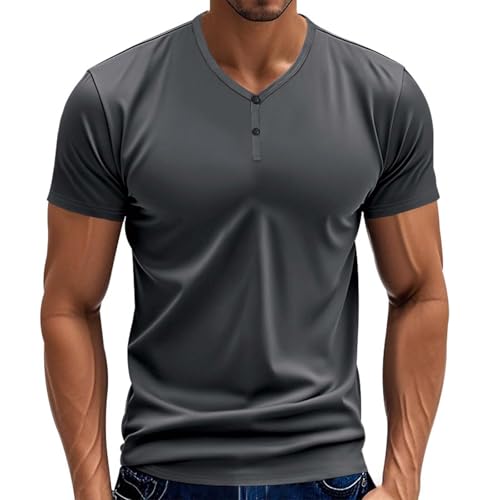 Moda para hombre Primavera e Casual Manga Corta Cuello en V Color sólido Camiseta Tops Camiseta Hombre Cremallera, gris oscuro, L