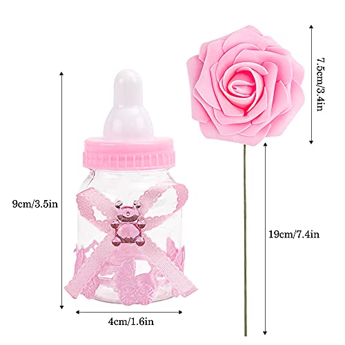 MACTING 2 Dozens Feeding Bottle Candy Box with 6pcs Artificial Flower Rose, 3.5 Inch Boys Girls Favor Baby Bottles for Baby Shower Favor Gift Decoration, Blue Pink