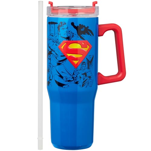 Get Trend Superman Mug Isotherme avec Paille et Anse 940ml, Tasse Thermos Double Paroi Inox, Gobelet de Voyage Chaud & Froid (Bleu Superman)