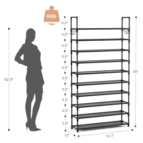 VTRIN 10 Tier Shoe Rack Tall Large Capacity 50 Pair Wide Shoe Organizer with Two Hooks Sturdy Metal Shoe Shelf for Entryway, Closet, Bedroom - Image 4
