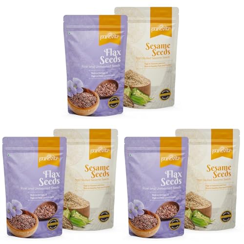 Image of Purevitr Flax Seeds & Non-Hulled Sesame Seeds Combo | 400g (200g Each) | Rich in Omega-3, Fiber & Calcium | Superfood for Healthy Living (Pack of 3)