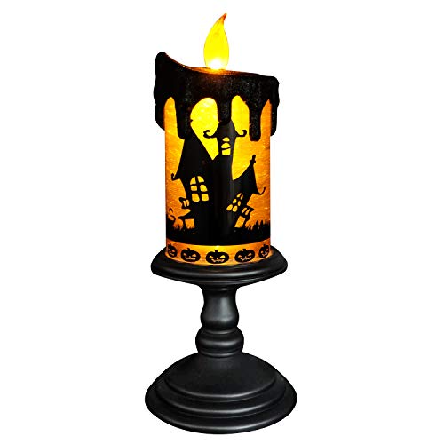 Image of Eldnacele Halloween Snow Globe Candles Lighted Lamp, Battery Operated Spooky Spinning Water Glittering Tornado Candle Flameless Candles Table Centerpiece for Halloween Decoration Indoor(Castle)