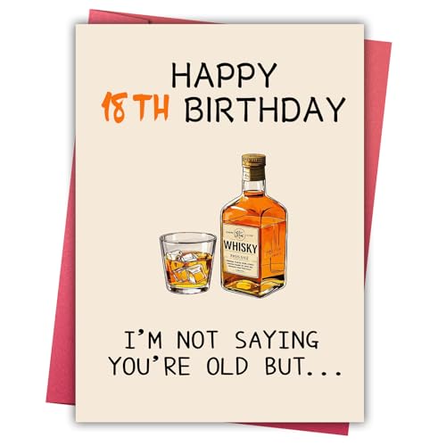 FOBELEC Funny 18th Birthday Card for Boyfriend, Whiskey Birthday Decorations for Boys Girls, Humor 18 Year Old Bday Cards for Him Her