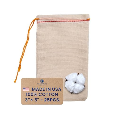 Celestial Gifts Muslin Bags - Drawstring Bags Small 25pcs - 3x5, Reusable Tea, Jewelry, Gift, Spice and Sachet Bag - 100% Cotton - Made in USA - (Red Hem & Orange Drawstring)