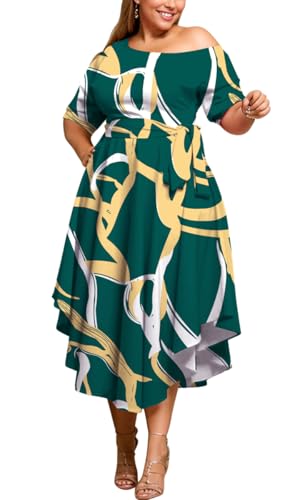 Image of Plus Size Women Wedding Guest Dress Off Shoulder Boat Neck Irregularly Flowy Midi Church Dress