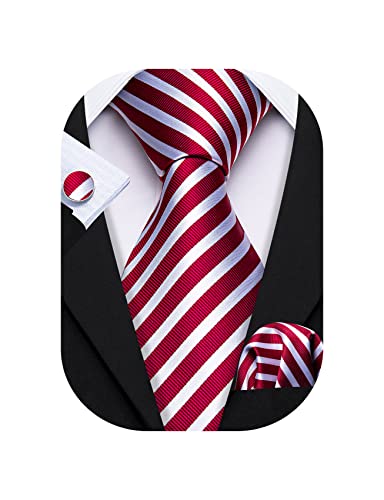 Image of Barry.Wang Man Stripe Ties Set Silk Woven Pocket Square Necktie Cufflinks Formal Party Business