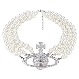 KRISFD Collana di Perle di Saturno Argento Collana di Perle in Argento con Pianeta Gioielli da Donna con Ciondolo Saturno con Strass di Cristallo per Donne Ragazze Gioielli Regalo di Compleanno