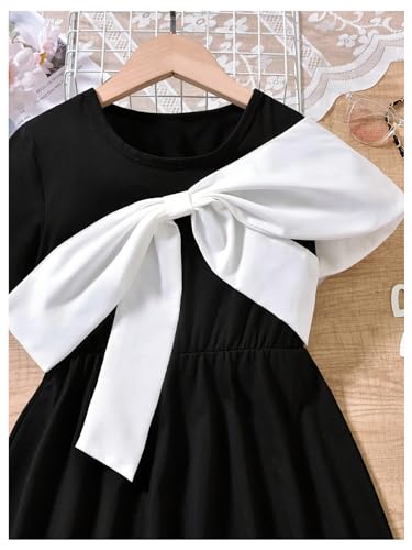 Verdusa Girl's Bowknot Color Block Midi Dress Coquette Short Sleeve Flowy A Line Sundress3