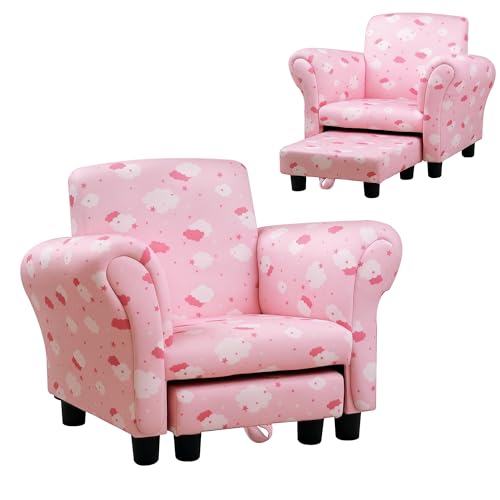 HOMCOM Toddler Chair Children's Armchairs Wood Frame w/Footrest Anti-Slip Legs High Back Arms for Bedroom Playroom Cute Cloud Star Pink