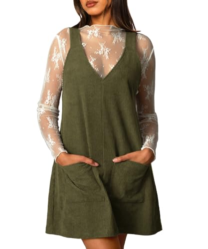 Navneet Latzkleid Damen Cordkleid Cordrock Herbstkleid Kurz Cord Ärmellos Träger Minikleid Winterkleid Overall Dress Armeegrün M