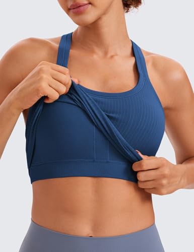 Image of CRZ YOGA Seamless Rib Racerback Tank Tops | Light Support, Built in Bra, Removable Pads, Yoga, Ribbed, High Neck, for Women