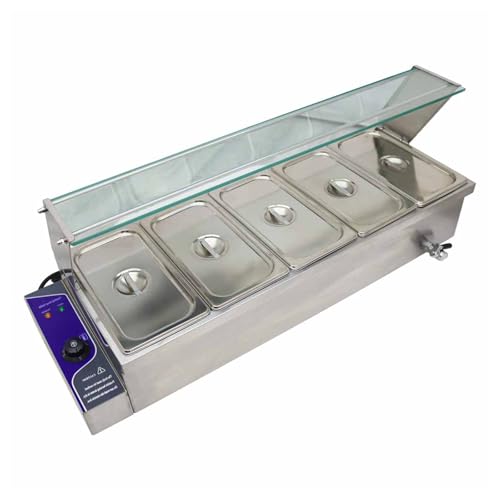 BEILOCKERY 5-Pan Commercial Food Warmer Stainless Steel Large Capacity Canteen Buffet Steam Heater Electric Bain-Marie Buffet with Glass Shield 110V 1500W