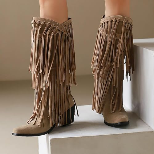 Womens Fringe Western Boots Fashion Square Toe Chunky Low Heel Heel Knee High Cowboy Tassel Boots3