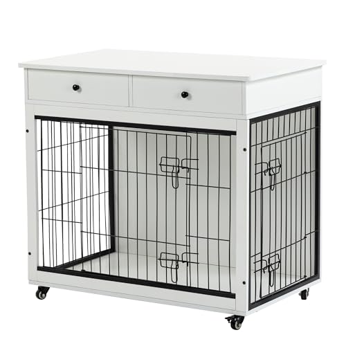 Hundekäfig- Möbel, Holz- Hundekäfig- Endtisch, 97, 5 cm Hundehütte mit 2 Schubladen, robuste Hundebox, dekorativer Haustierkäfig für große Nutzung im Innenbereich (weiß) 97, 5 cm L x 69, 5 c