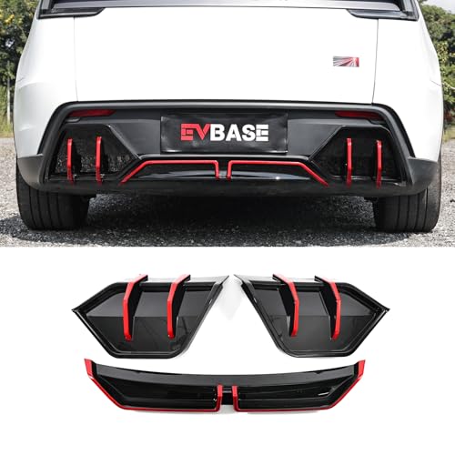 3PCS Rear Diffuser fit for Tesla Model Y Juniper 2025 2026 Rear Diffuser Bumper Protector Red Line for Juniper ABS Rear Bumper Lip for Juniper (Glossy Balck with Red Line)