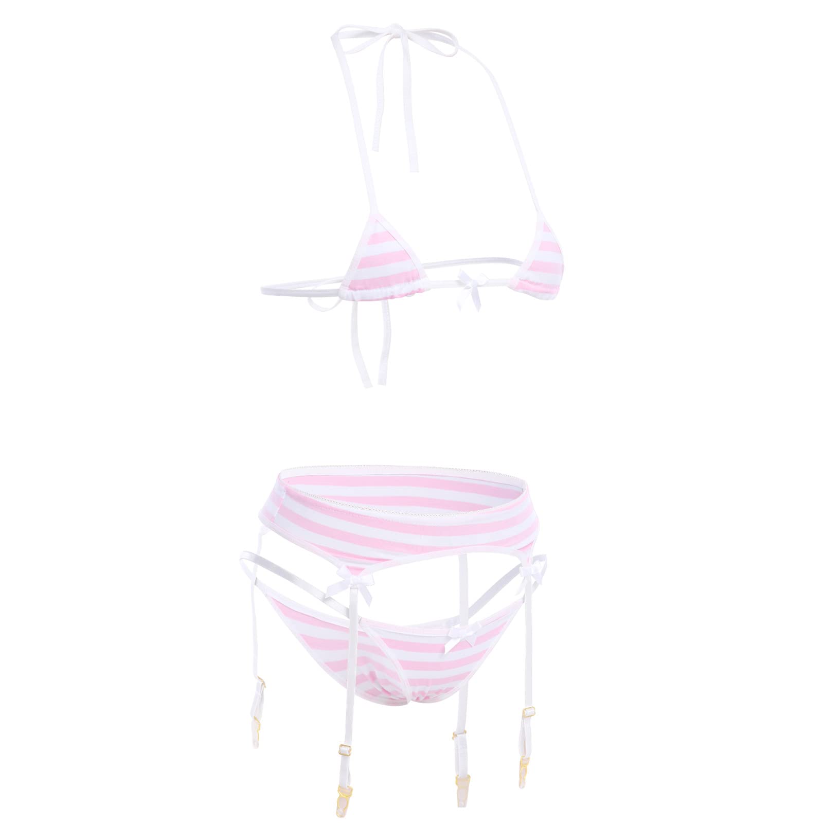 ABAFIP Women Cute Kawaii Striped Bikini Lingerie set Micro Tiny Bra G-string Panty/Garter Belt 2Pcs / 3Pcs Underwear: One Size Pink - 3pcs