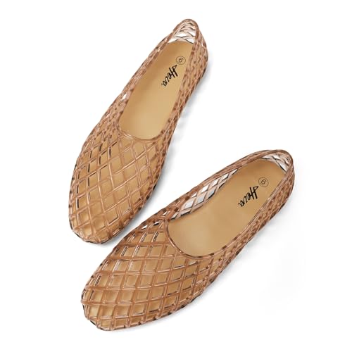 HEVA Women's Jelly Mesh Flats Breathable Clear Hollow Shoes Summer Beach Jellies Ballet Sandals